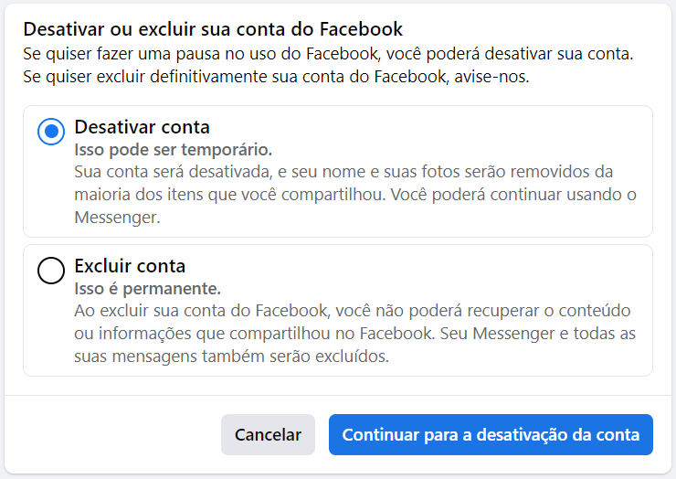 Desativar ou excluir minha conta do Facebook