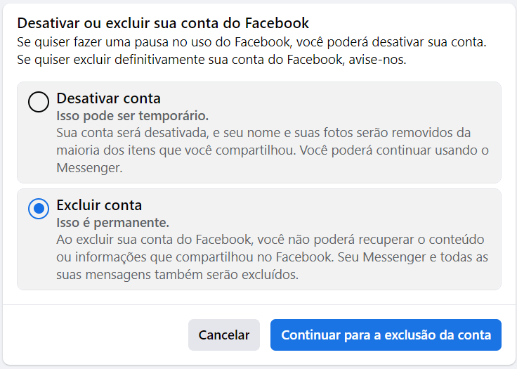 Excluir conta Facebook