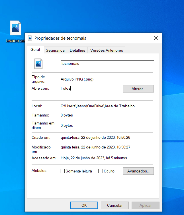 Tipo do arquivo no Windows 10